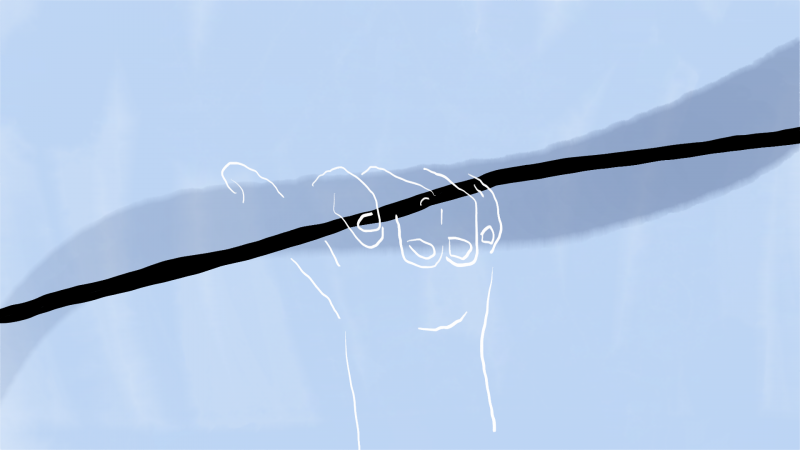 drawing of a hand grasping a thread-link line that spans across the image