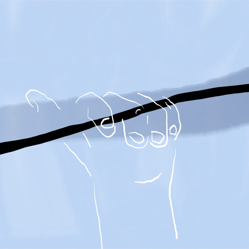 drawing of a hand grasping a thread-link line that spans across the image